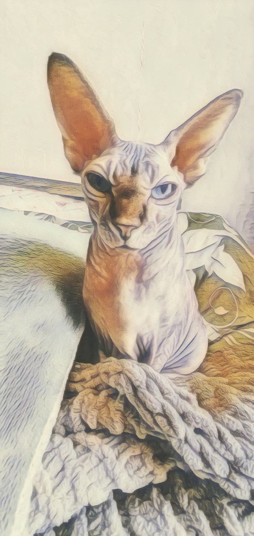 Sphynx cat with vivid blue eyes and large ears sits on a patterned bed with a soft painterly texture applied.