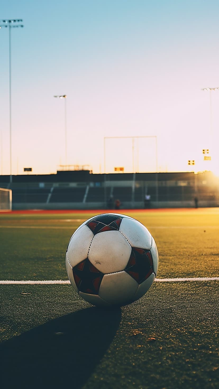 Soccer ball on a green grass field with a stadium and glowing floodlights under a vibrant orange sunset sky.