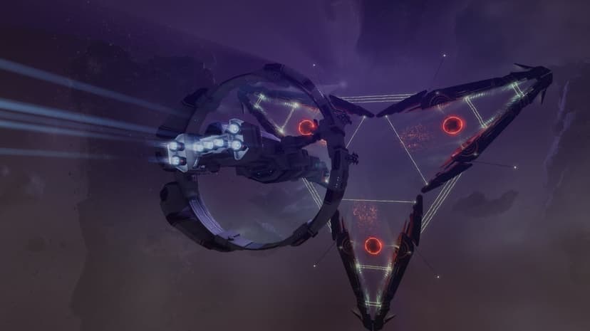 Spaceship flying past a massive glowing triangular structure in a deep purple nebula with blue engine trails.
