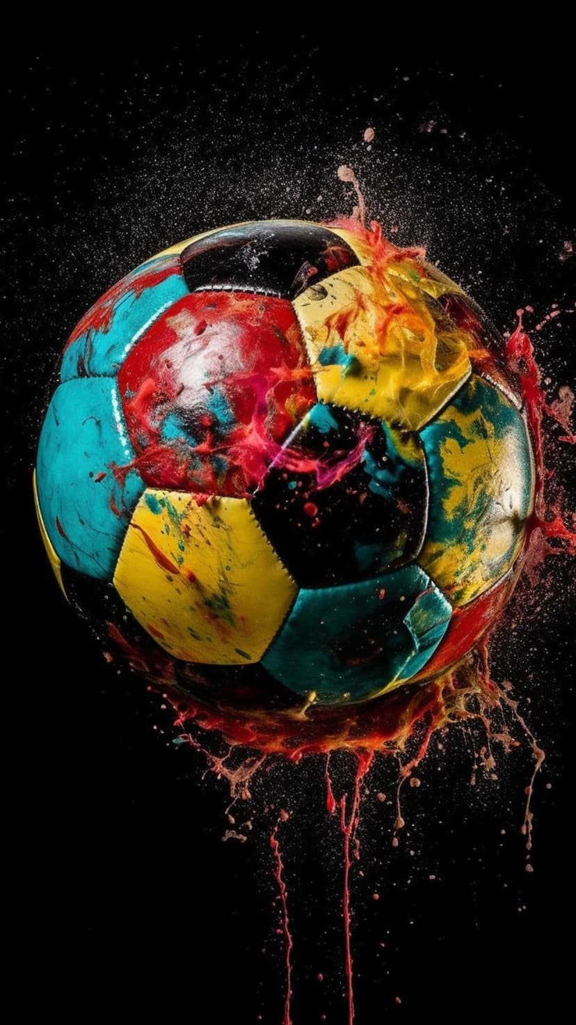 Soccer ball with colorful paint splatters in red, blue, and yellow exploding against a solid black background.
