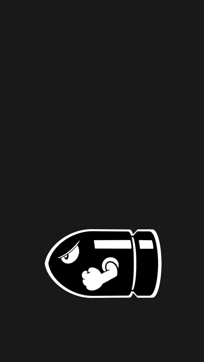 Bullet Bill character with a menacing scowl and clenched fists rendered in white lines on a solid black backdrop.
