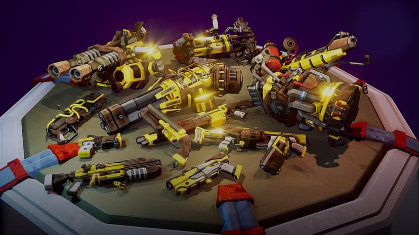 Low-poly sci-fi weapons with yellow accents and wooden grips on a platform against a dark purple backdrop.