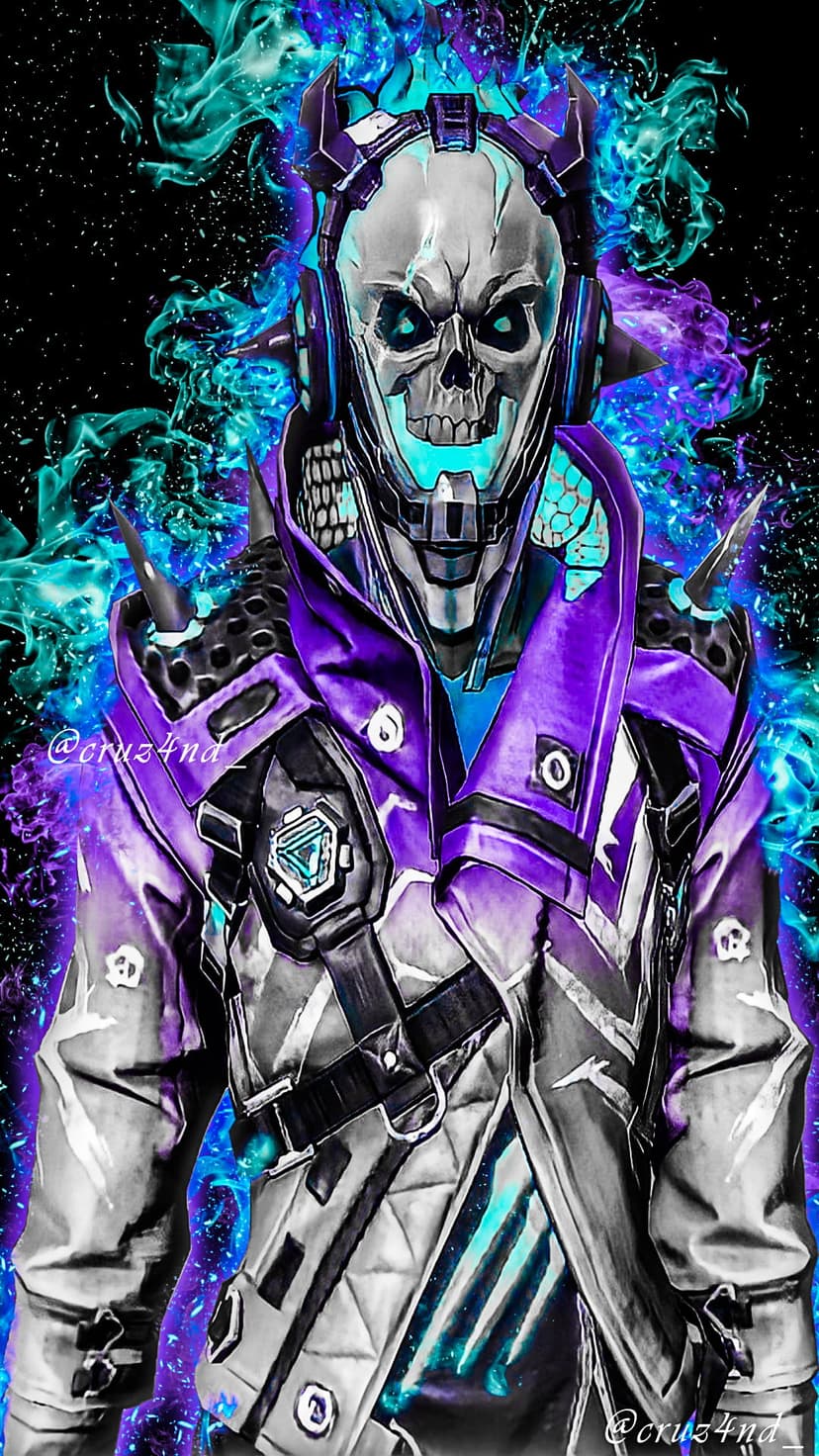 Metallic skull wearing purple armor surrounded by electric blue flames against a dark starry background.