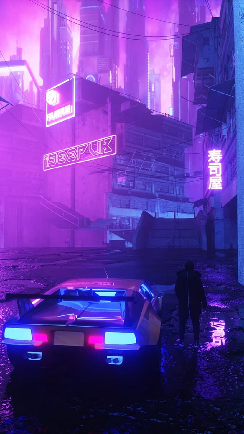 Sleek sports car with red taillights parked on a wet street surrounded by blue and purple neon skyscrapers at night.