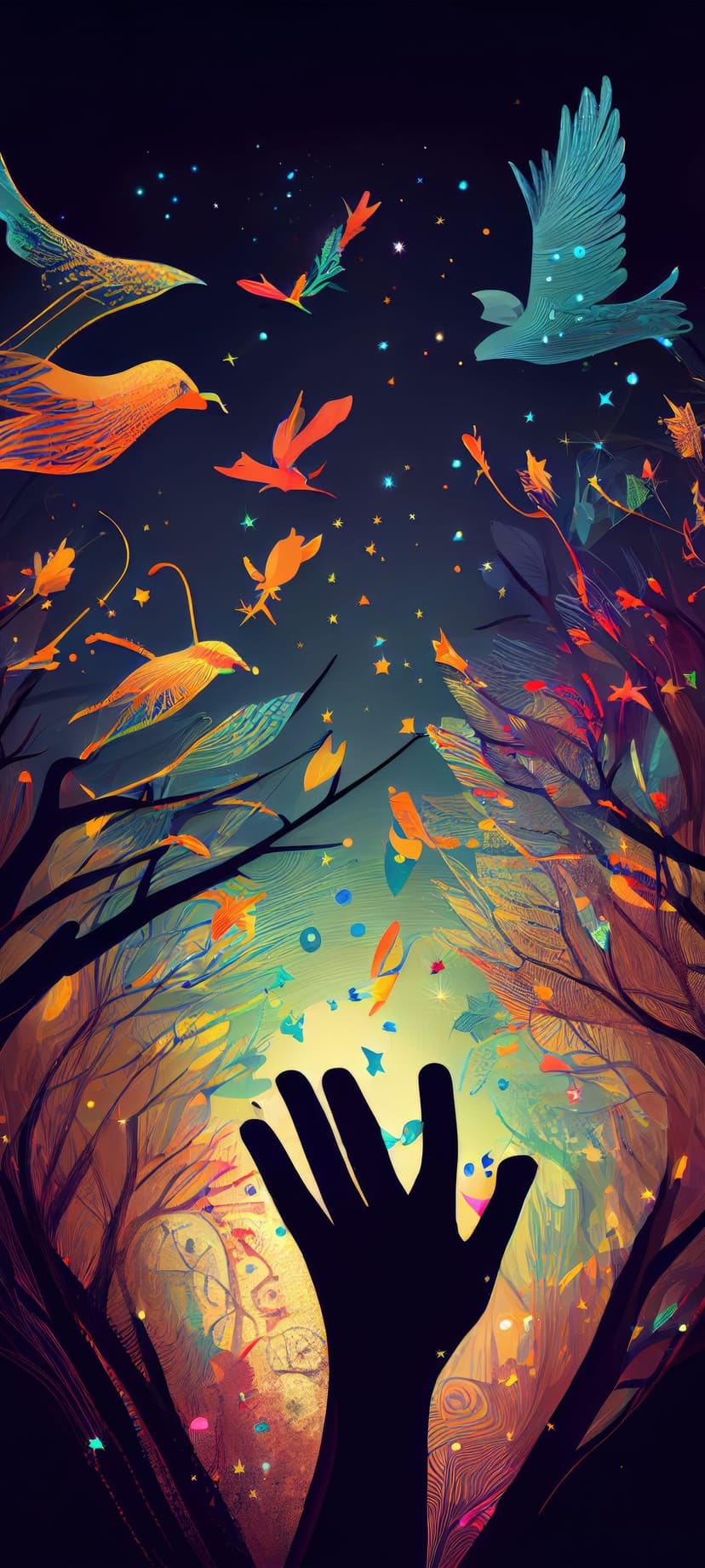 Silhouette of a hand reaching toward a swirling spiral of colorful birds and stars in a dark mystical sky.