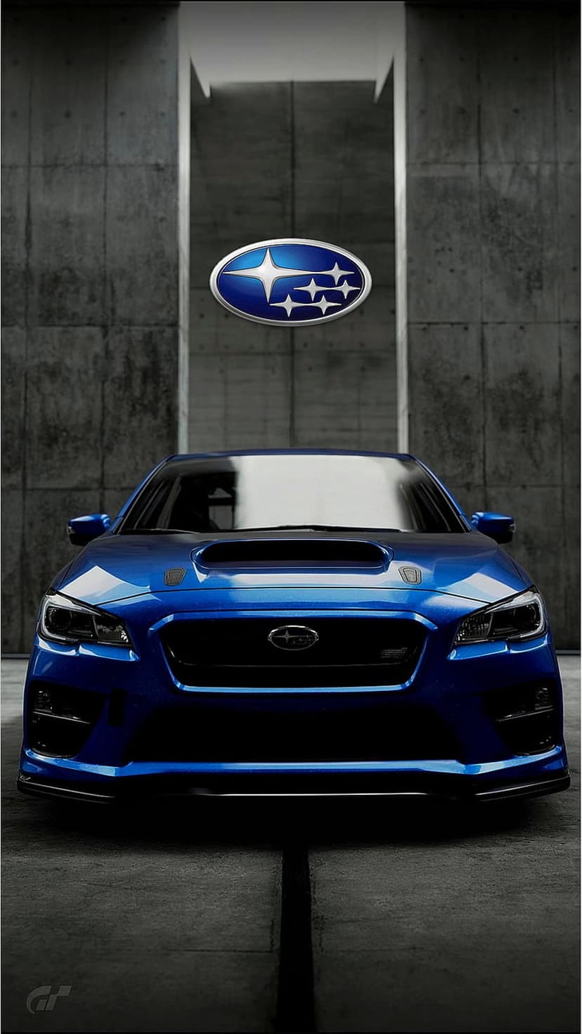 Blue Subaru WRX STI front view with the Pleiades logo centered on a black mesh grille over concrete flooring.