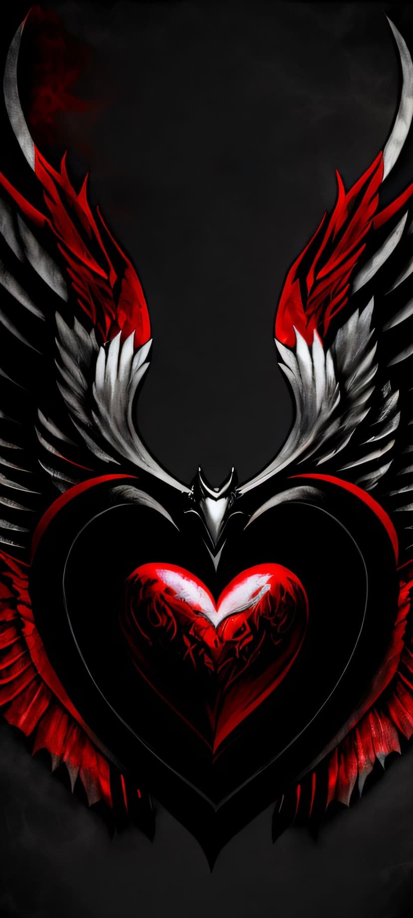 Crimson heart with tribal patterns encased in sharp silver and red wings against a dark black background.