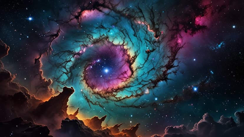 Swirling magenta and teal nebula clouds with dark cosmic dust filaments and scattered distant stars in deep space.