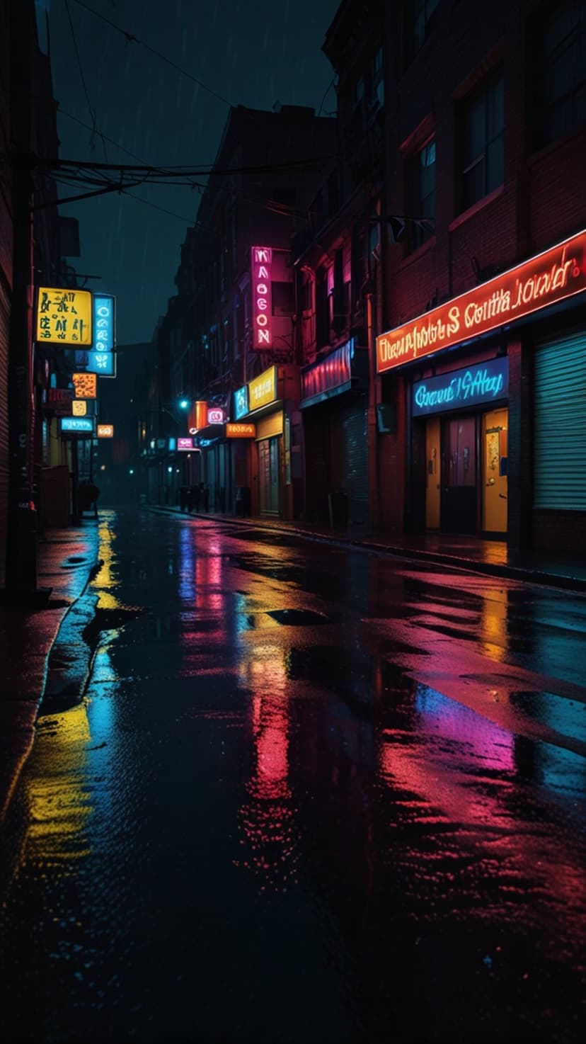 Neon signs in shades of pink and blue reflect on a wet asphalt alleyway between brick buildings at night.