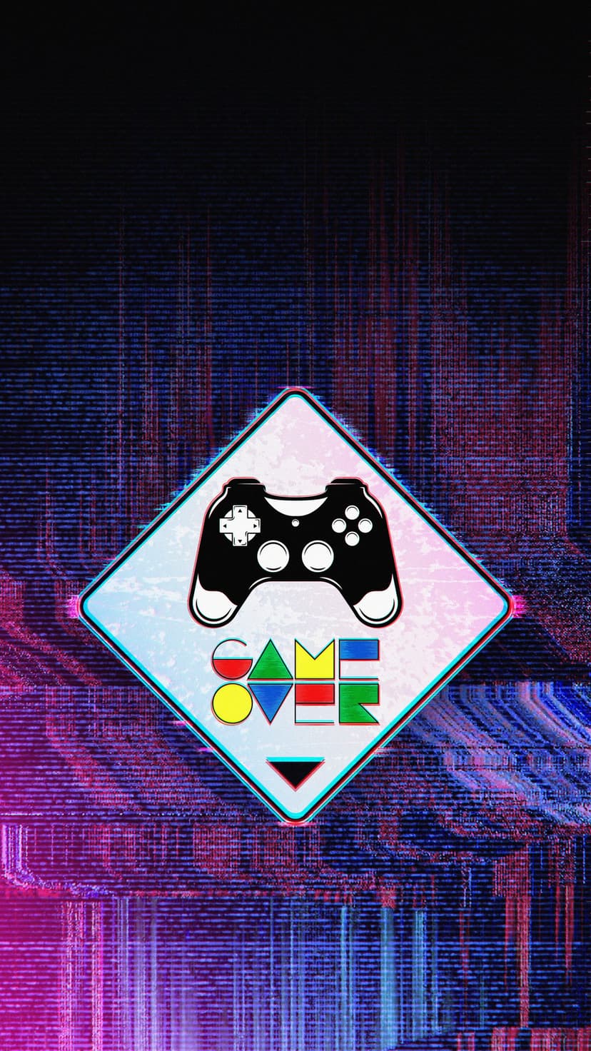 Retro game controller silhouette centered in a diamond frame with neon glitch effects and Game Over text.