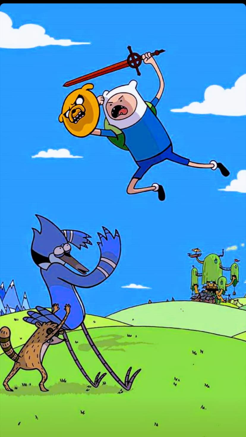 Finn and Jake fly through a blue sky above Mordecai and Rigby in a grassy field with a distant treehouse.