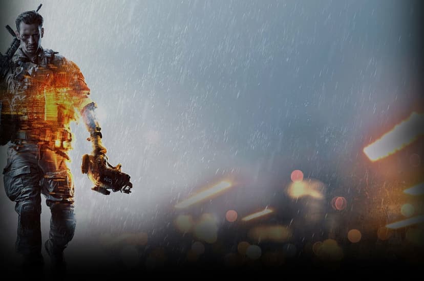 Soldier in tactical gear walks through rain with orange fire embers and a rifle on his back in a dark setting.