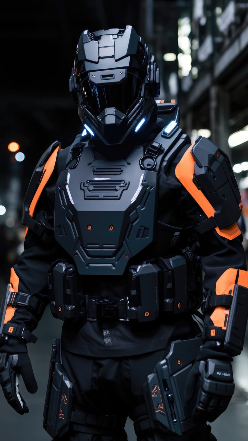 Futuristic soldier in black and orange armor featuring a glowing blue visor and detailed mechanical chest plate.