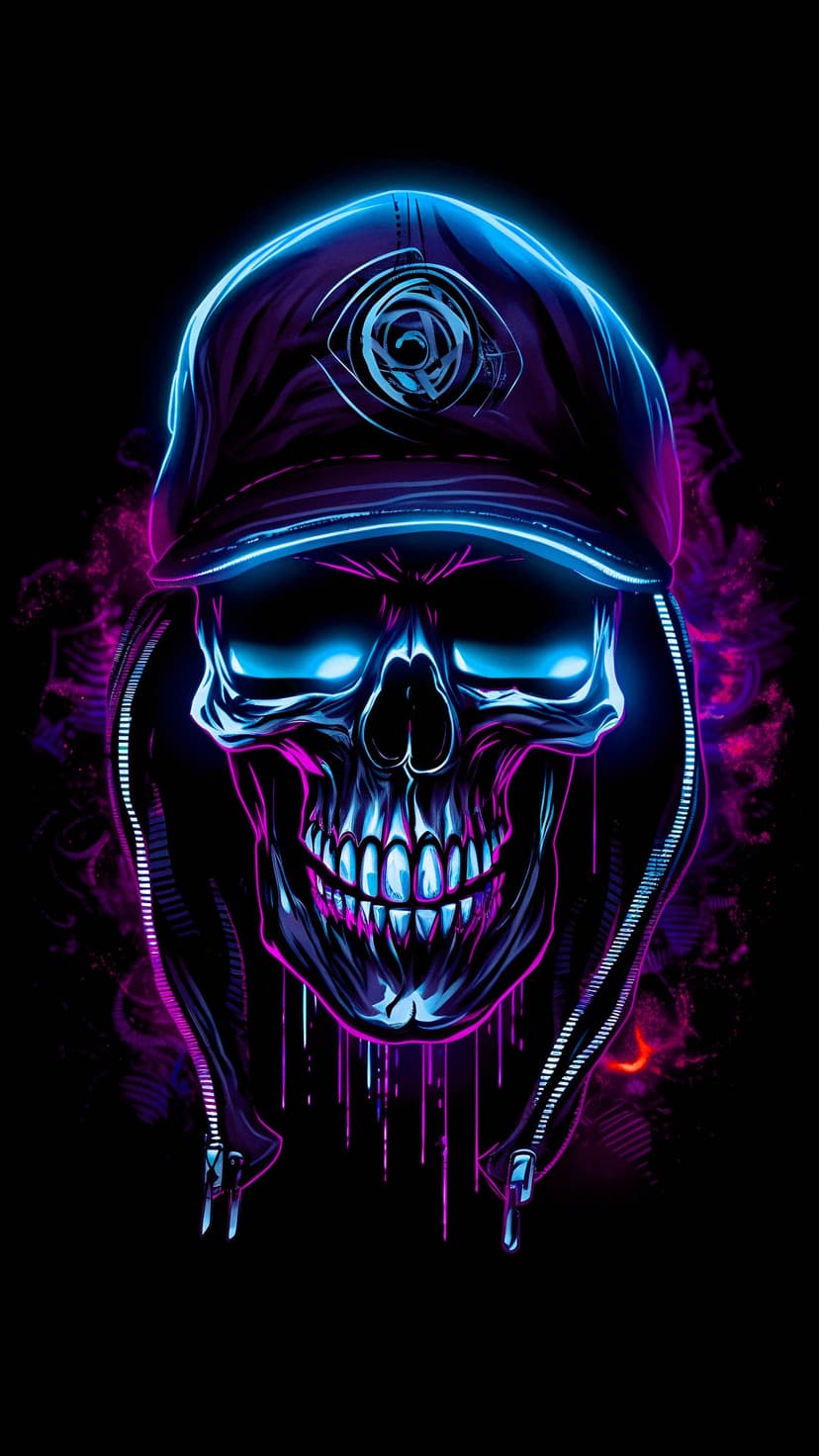 Neon skull wearing a cap with glowing blue eyes and pink dripping paint against a dark cyberpunk background.