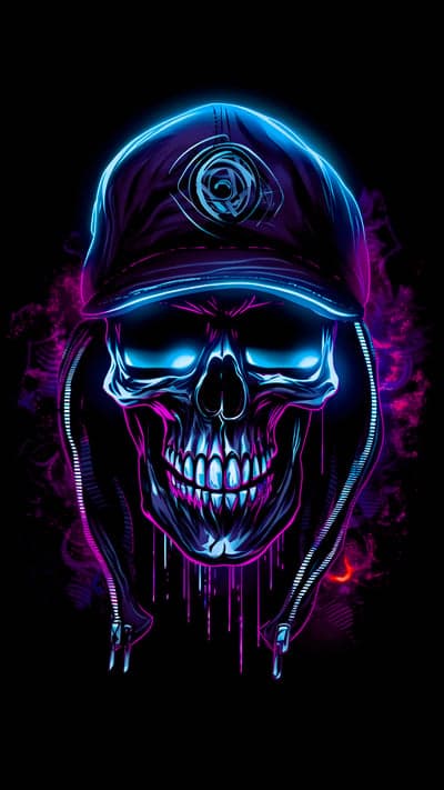 Neon Skull Wearing Cap with Glowing Eyes