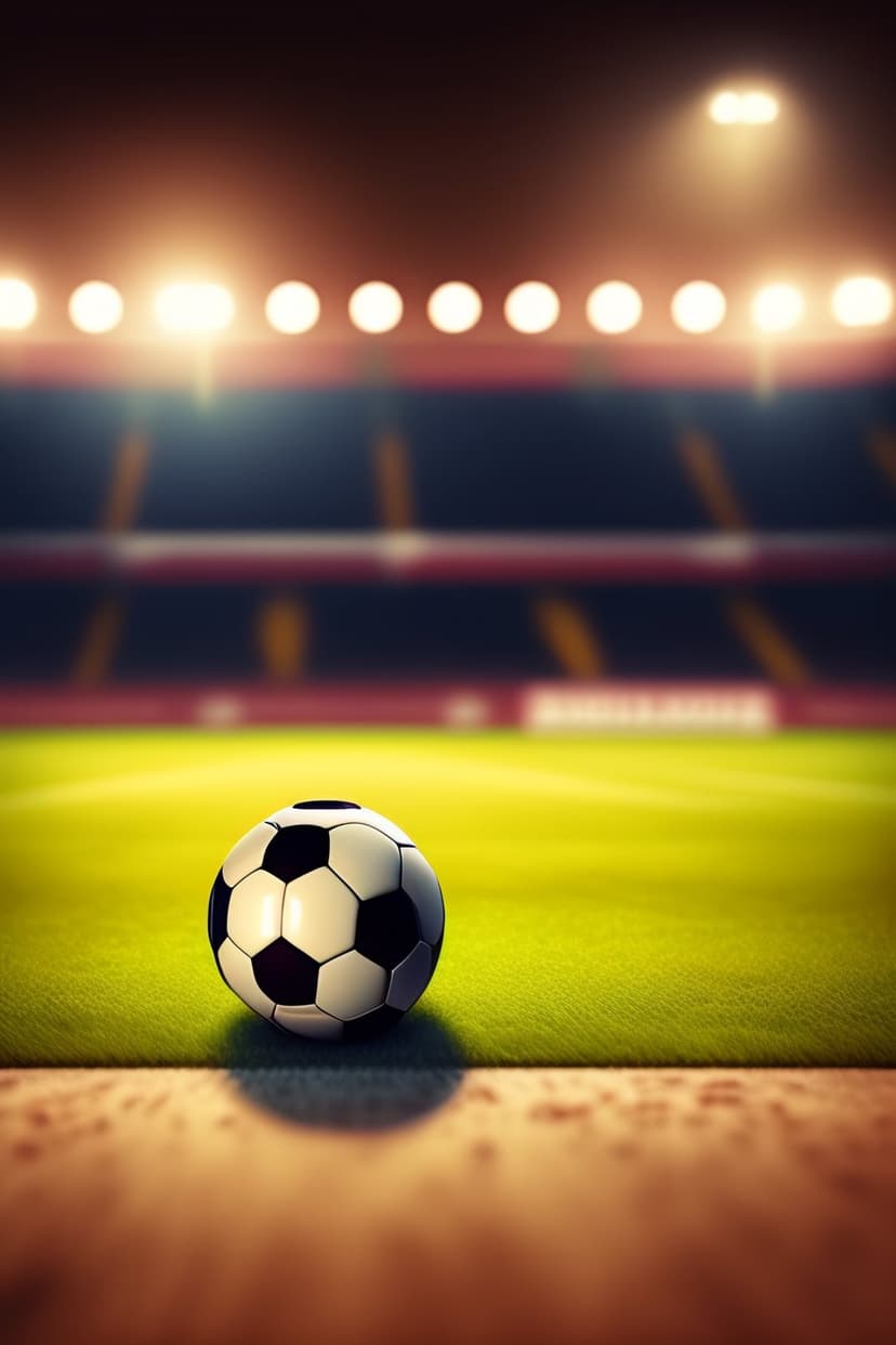 Soccer ball rests on green grass under bright stadium floodlights with a blurred arena background at night.