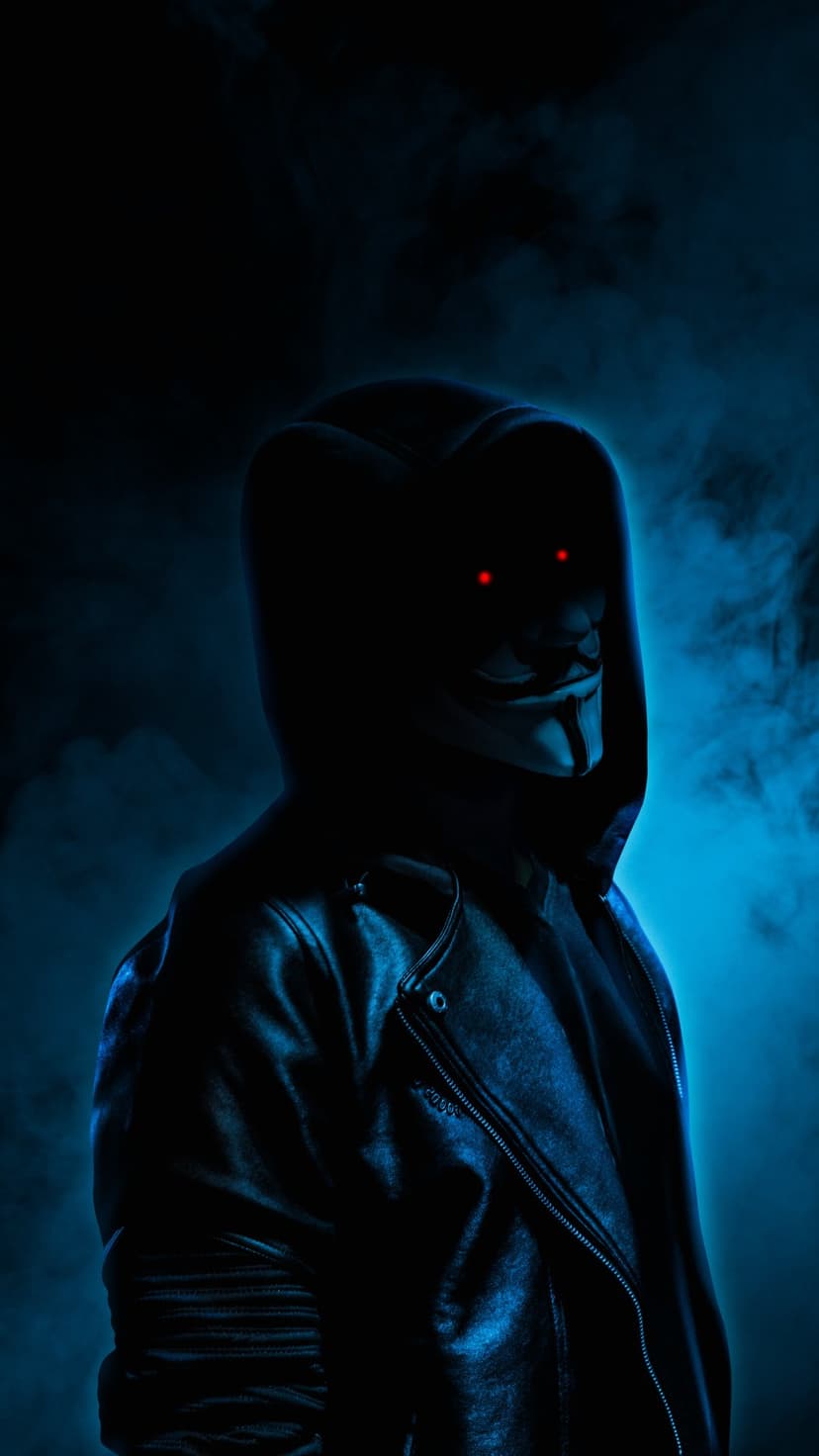 Masked figure in a black leather jacket and hoodie with glowing red eyes surrounded by hazy blue smoke.