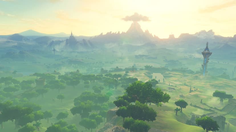 Lush green valley of Hyrule featuring a glowing Sheikah Tower, distant smoking volcano, and misty golden horizon.