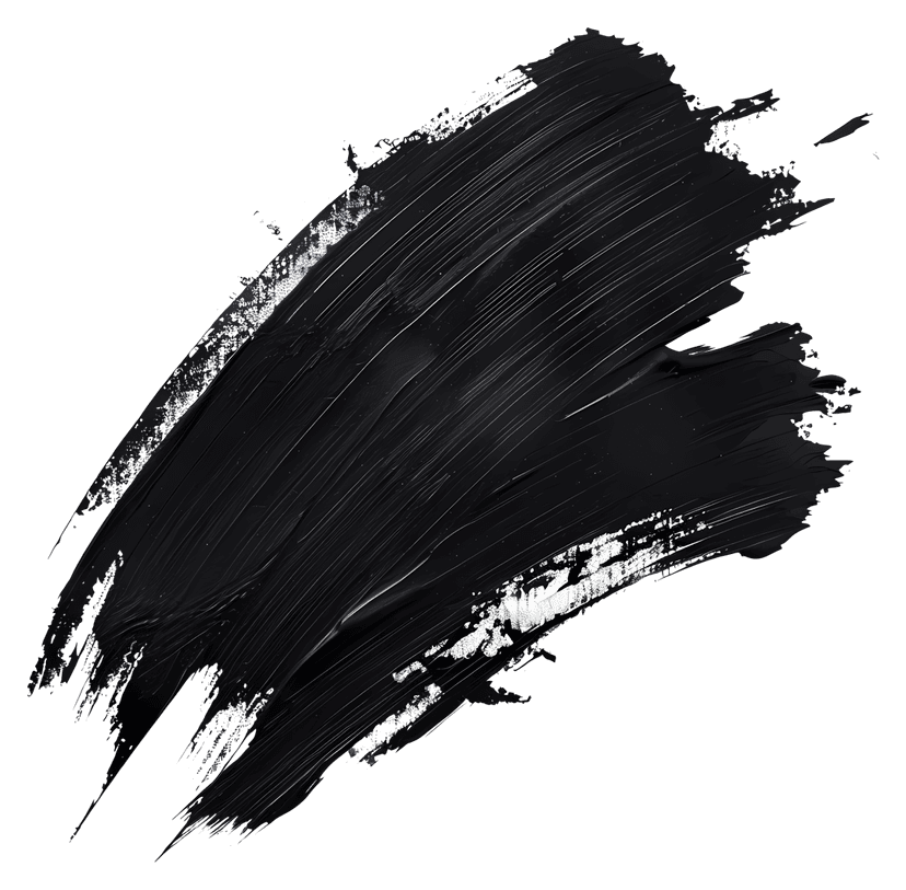 Black paint brushstroke with textured acrylic edges and matte ink finish on a transparent background.