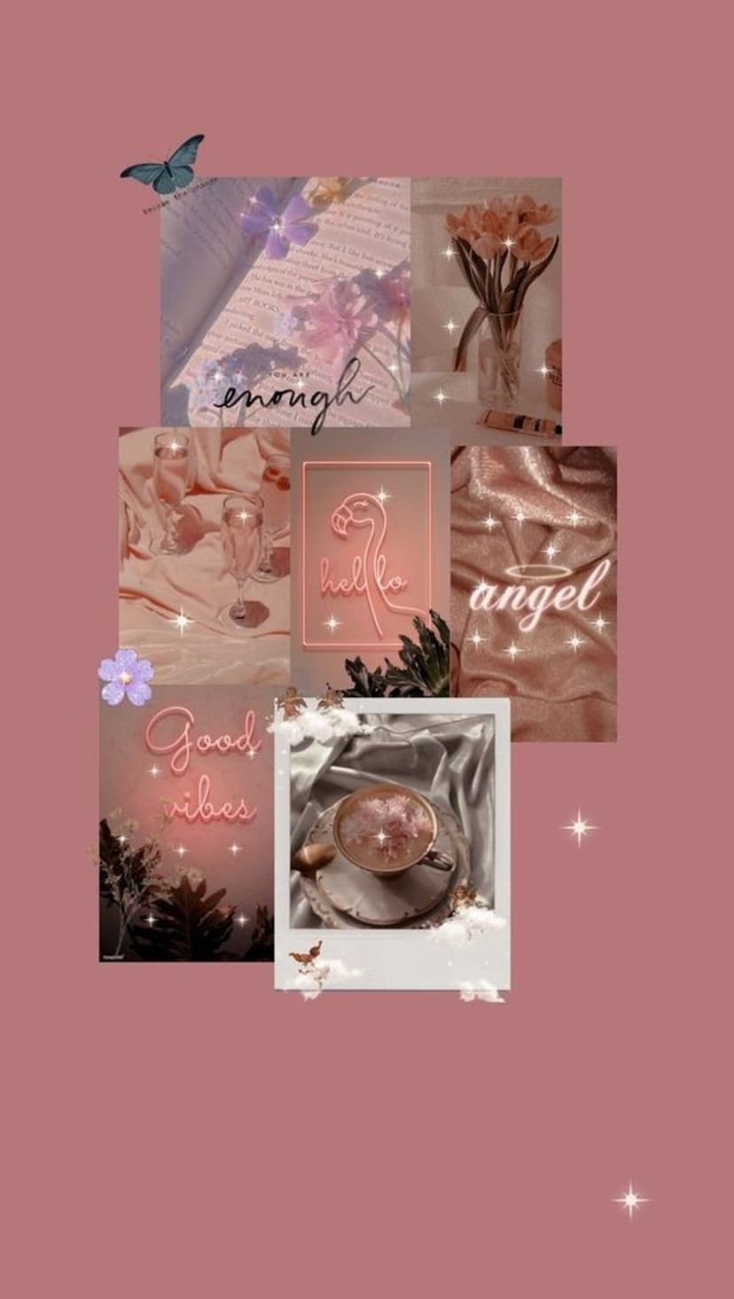 Blue butterfly sits on a pink aesthetic collage with neon flamingo lights and a cozy coffee cup.