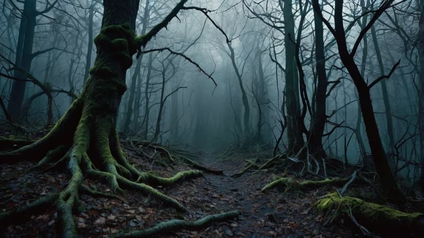Mossy gnarled tree roots foreground a dense gray fog in a dark, atmospheric forest with skeletal branches.