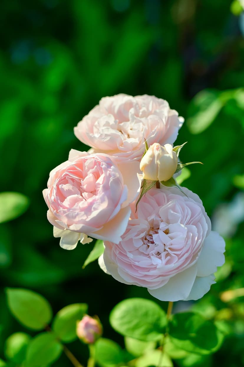 Pink English roses with layered petals and a small bud bloom against a blurred green garden in soft sunlight.