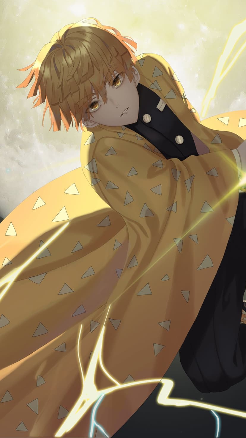 Zenitsu Agatsuma with yellow hair and haori surrounded by bright yellow lightning bolts and electric sparks.