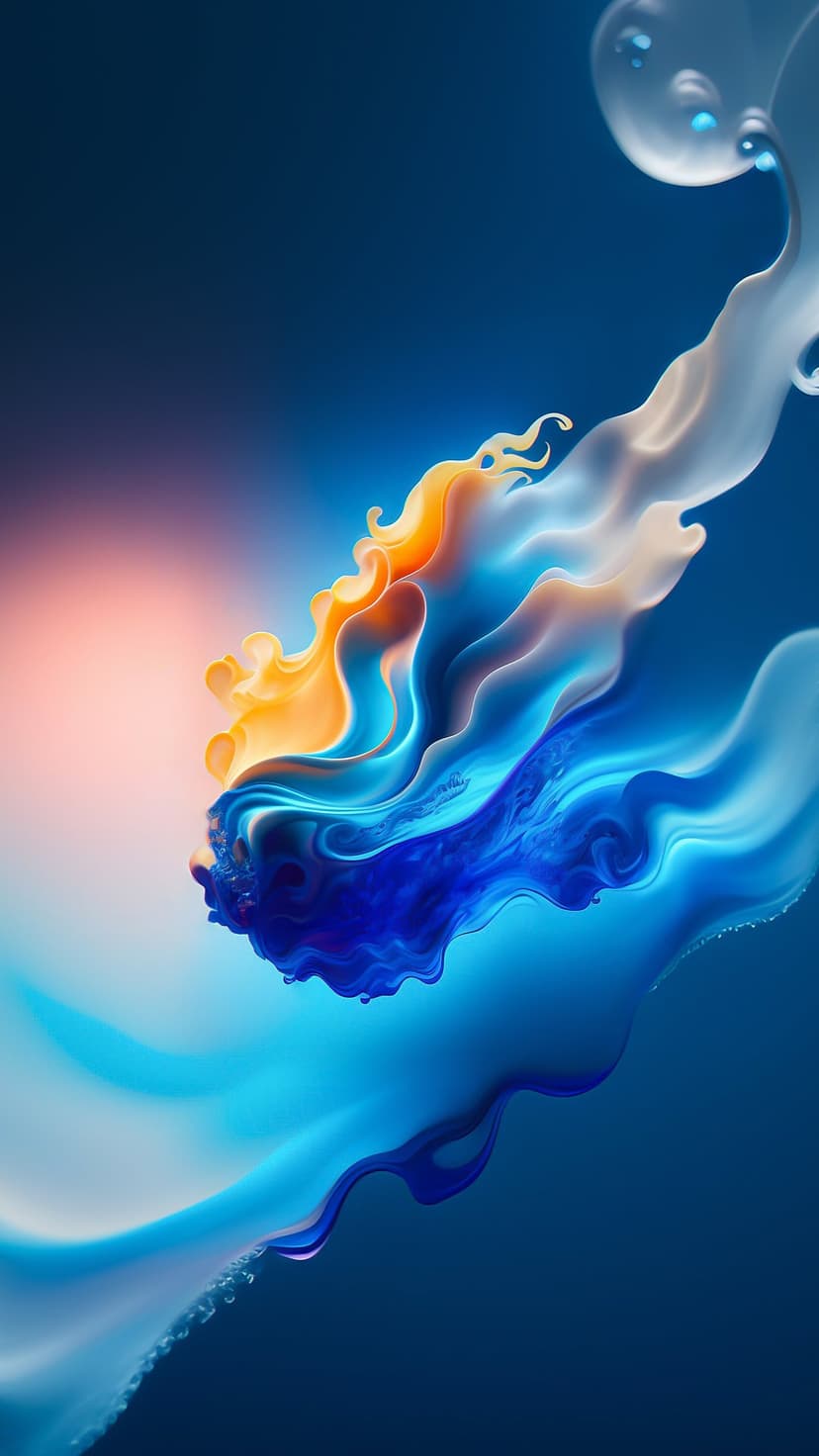 Vibrant blue and fiery orange liquid curls curve around small bubbles on a dark, deep blue background.