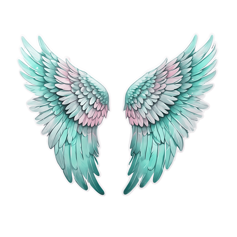 Symmetrical teal pink angel wings feature glossy feathers and a white sticker outline on a transparent background.