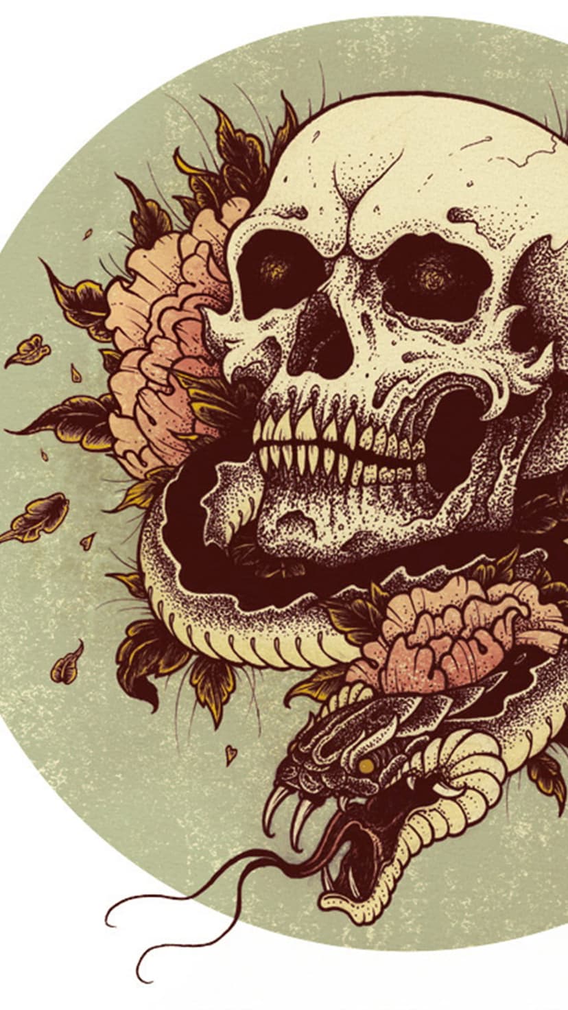 Human skull intertwined with a scaled snake and blooming peonies set against a clean, dark background.