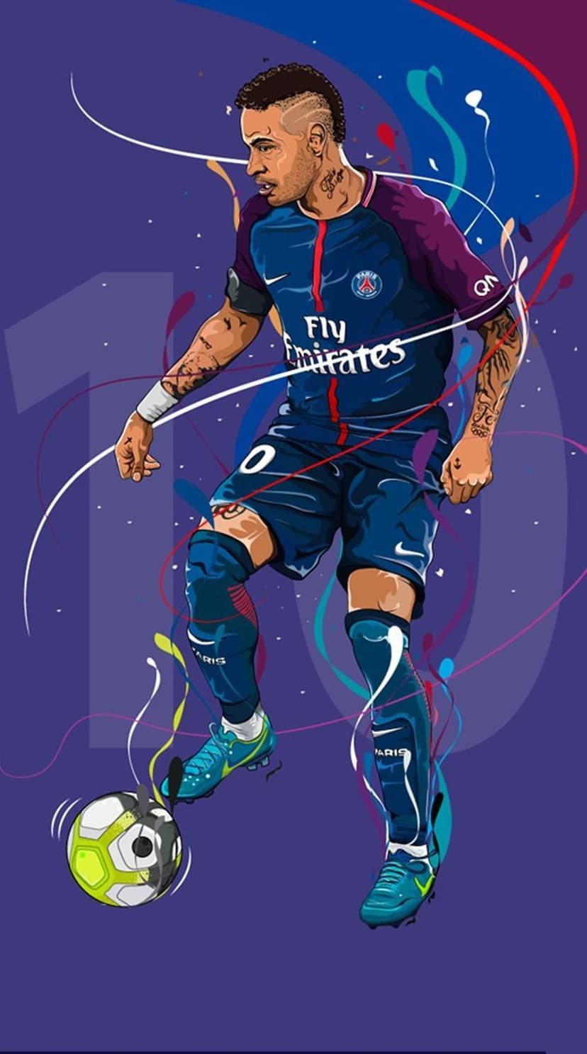 Neymar Jr dribbles a soccer ball amidst glowing blue and purple energy trails wearing a navy PSG jersey.