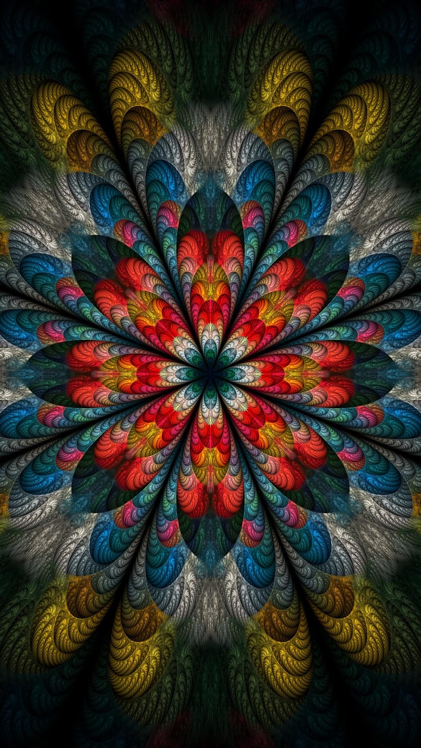 Radiant fractal bloom with layered petals in crimson and emerald, featuring intricate geometric spiral details.