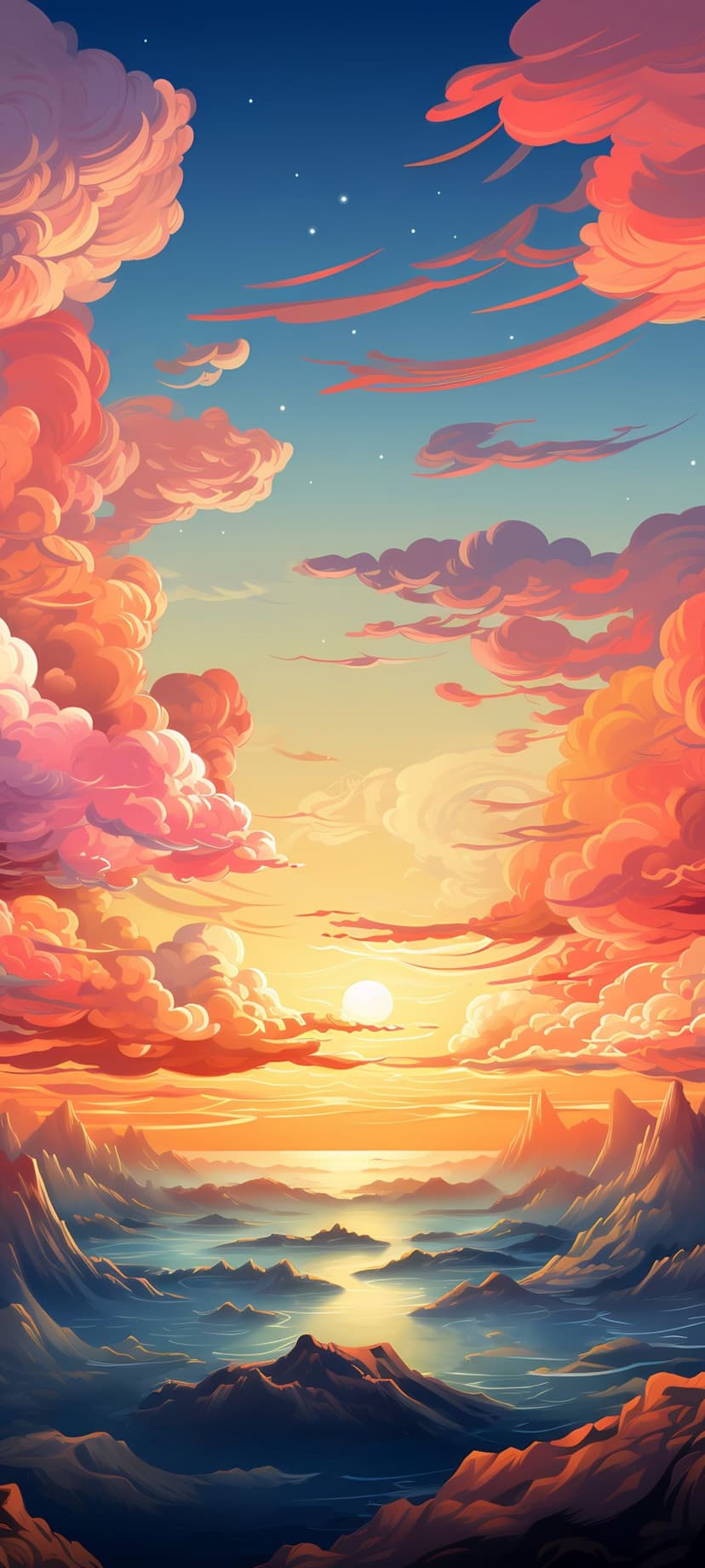 Jagged mountain peaks emerge from thick white mist beneath a sky of vibrant orange and pink glowing clouds.