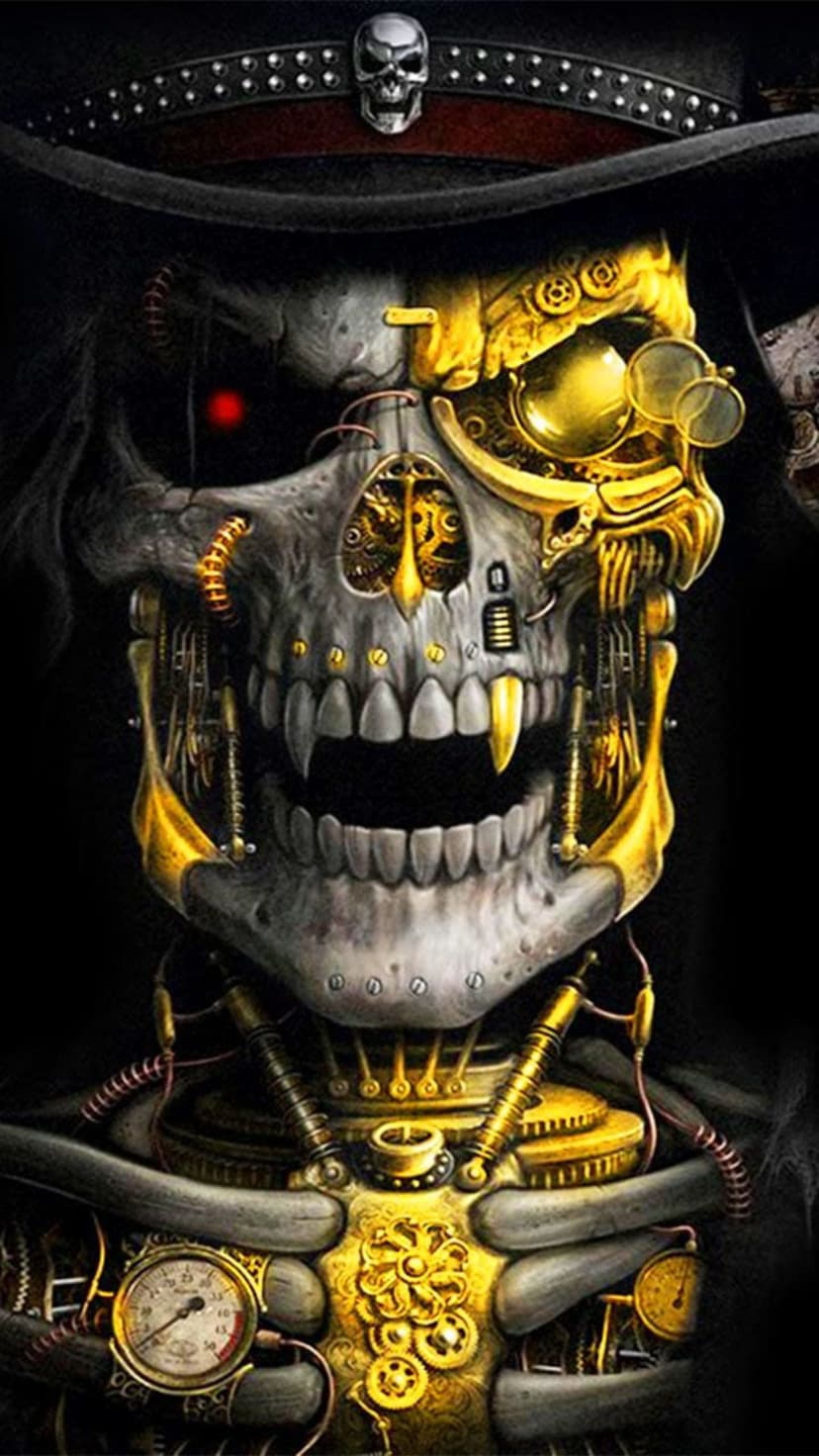 Mechanical skull with golden gears, brass pipes, and a glowing red eye lens within an industrial ribcage.