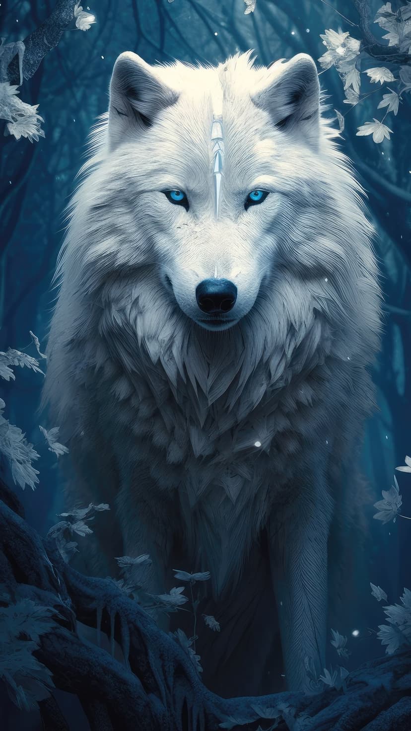 White wolf with sapphire eyes stares through ice-covered branches and frozen leaves in a winter woodland.