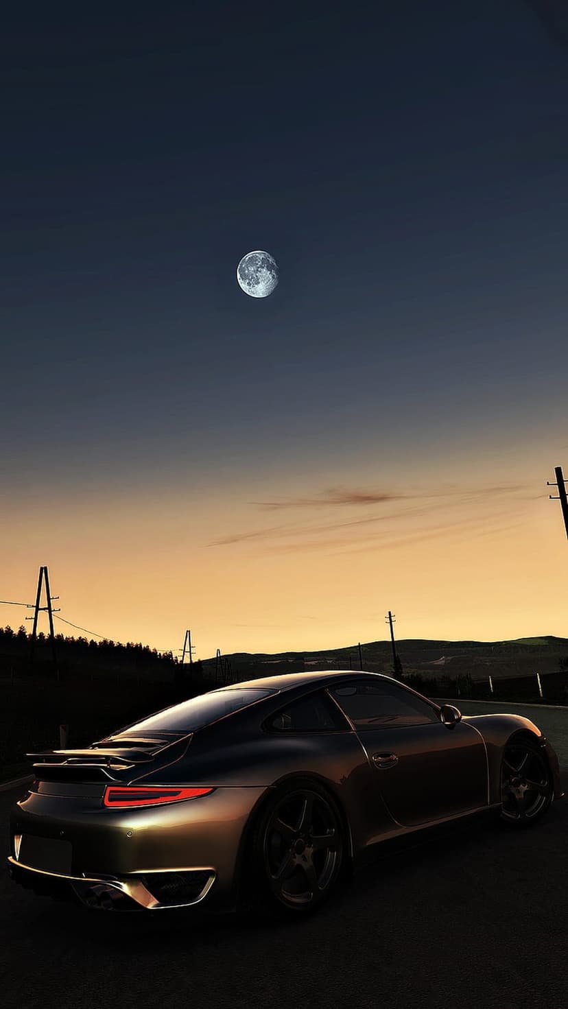 Porsche 911 sports car parked at a low angle under a bright full moon during a vibrant purple twilight sunset.