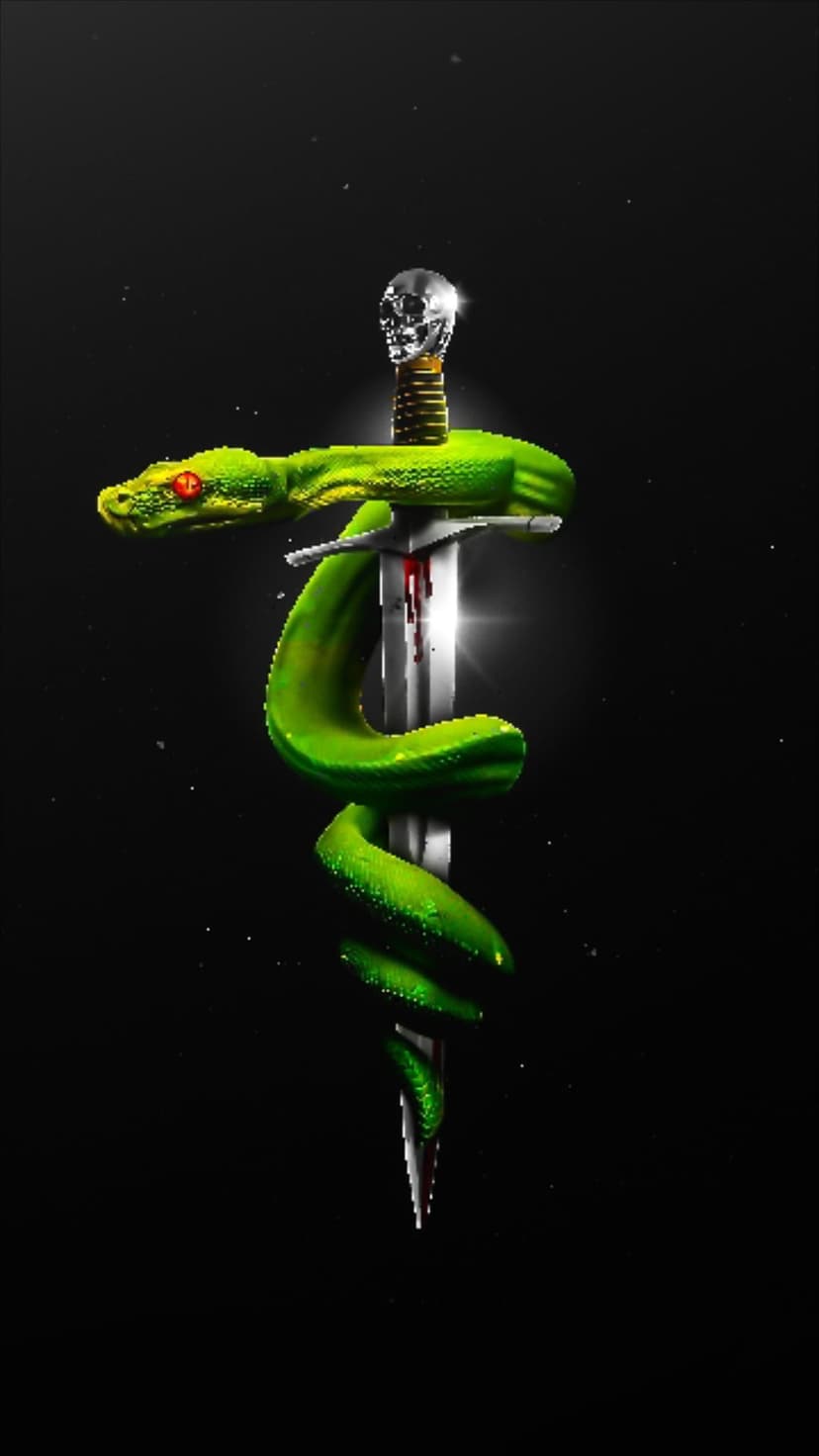 Green snake coiled on a silver sword with a skull pommel and blood drops on a dark speckled background.