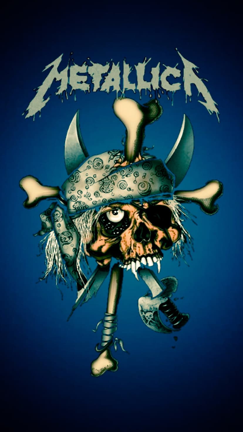 Metallica skull wearing a bandana above crossed swords and bones against a vibrant blue textured background.