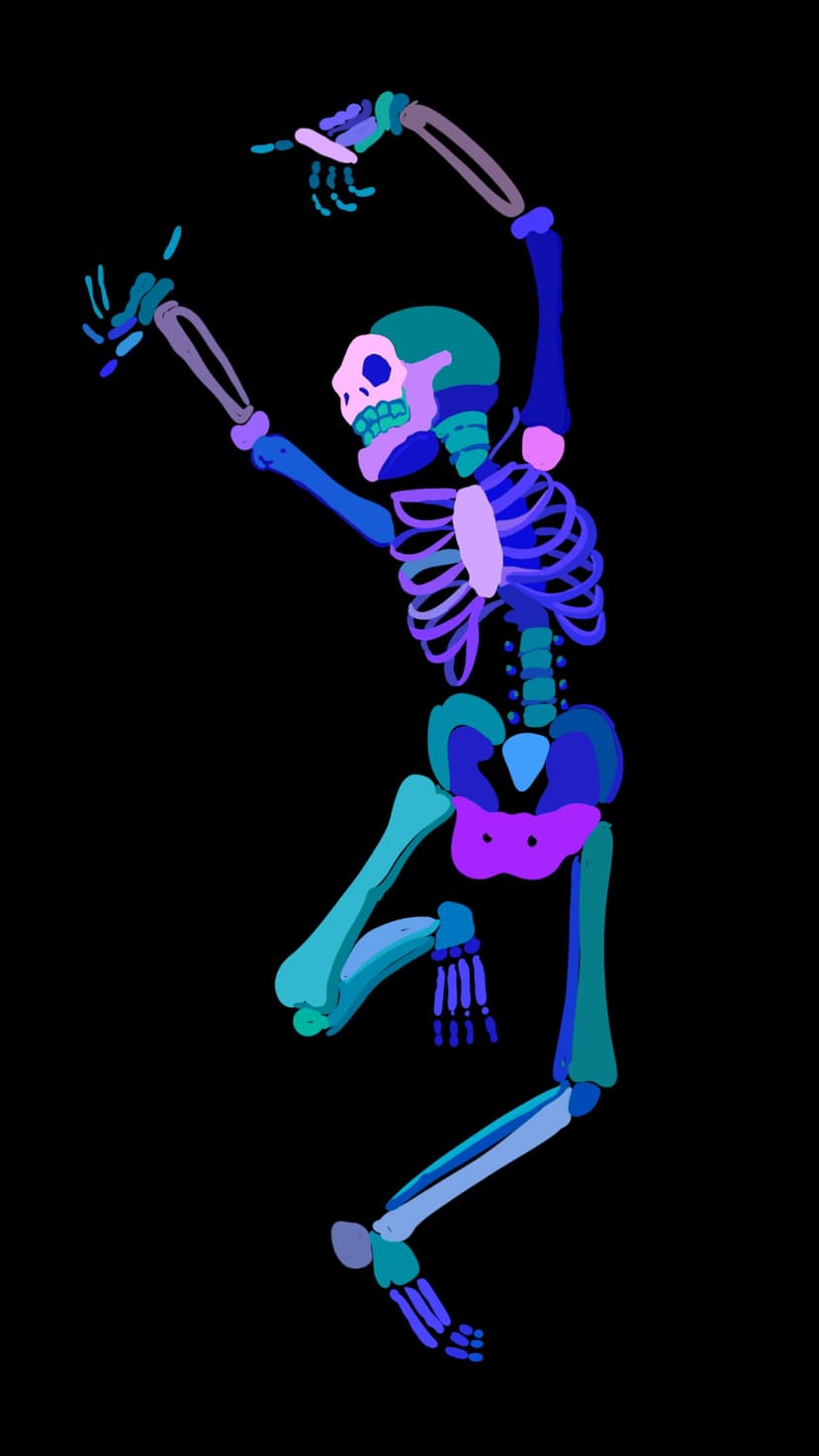 Skeleton with glowing blue and purple outlines performs a dynamic dance pose against a solid black backdrop.
