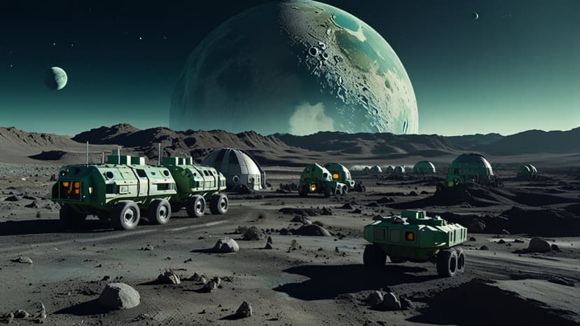 Military rovers patrol a rocky lunar landscape near domed habitats beneath a massive glowing planet and moons.