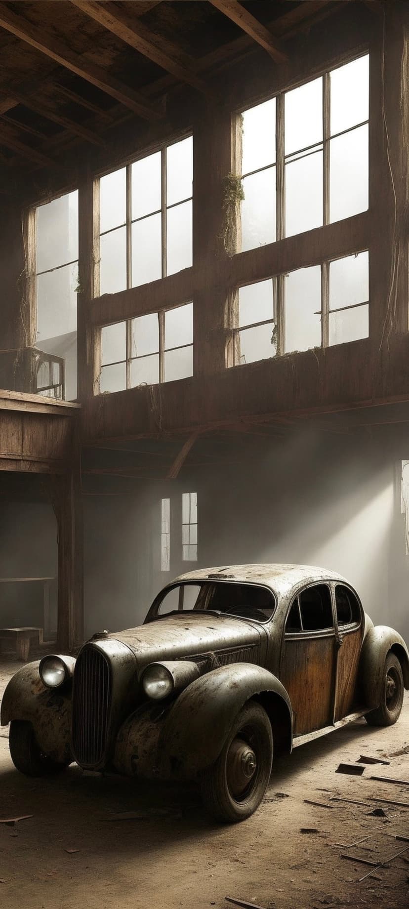 Weathered classic automobile rests in a derelict industrial hall with sun rays highlighting rust and debris.