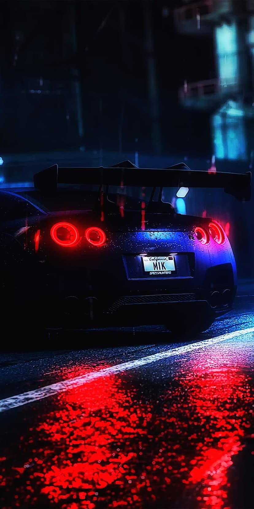 Sleek sports car with glowing red taillights driving on a rainy Tokyo street at night with neon reflections.
