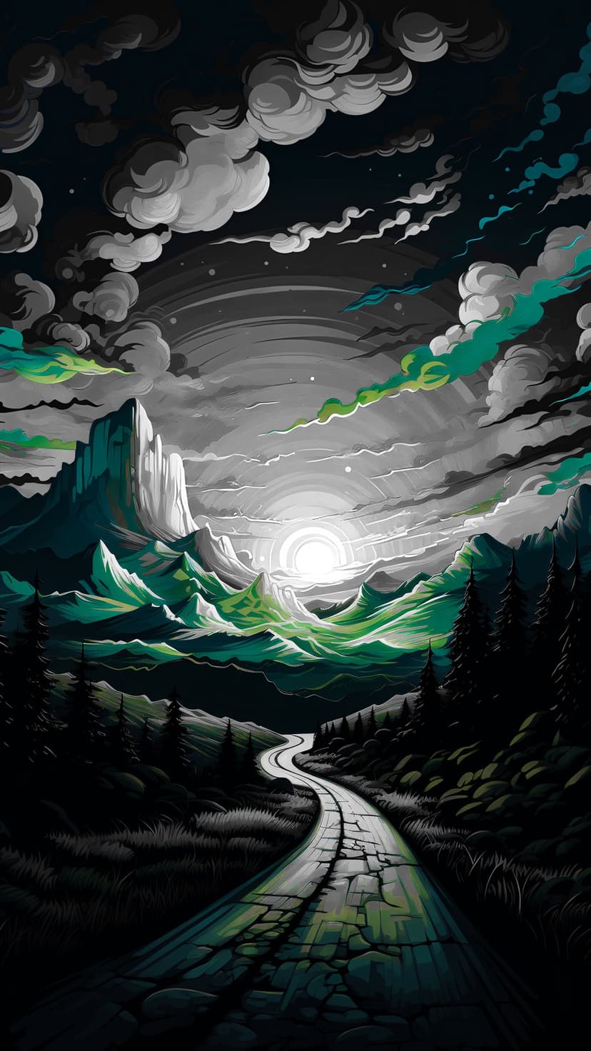 Winding road through emerald green hills toward dark mountains under a stormy sky with a bright ethereal sun.
