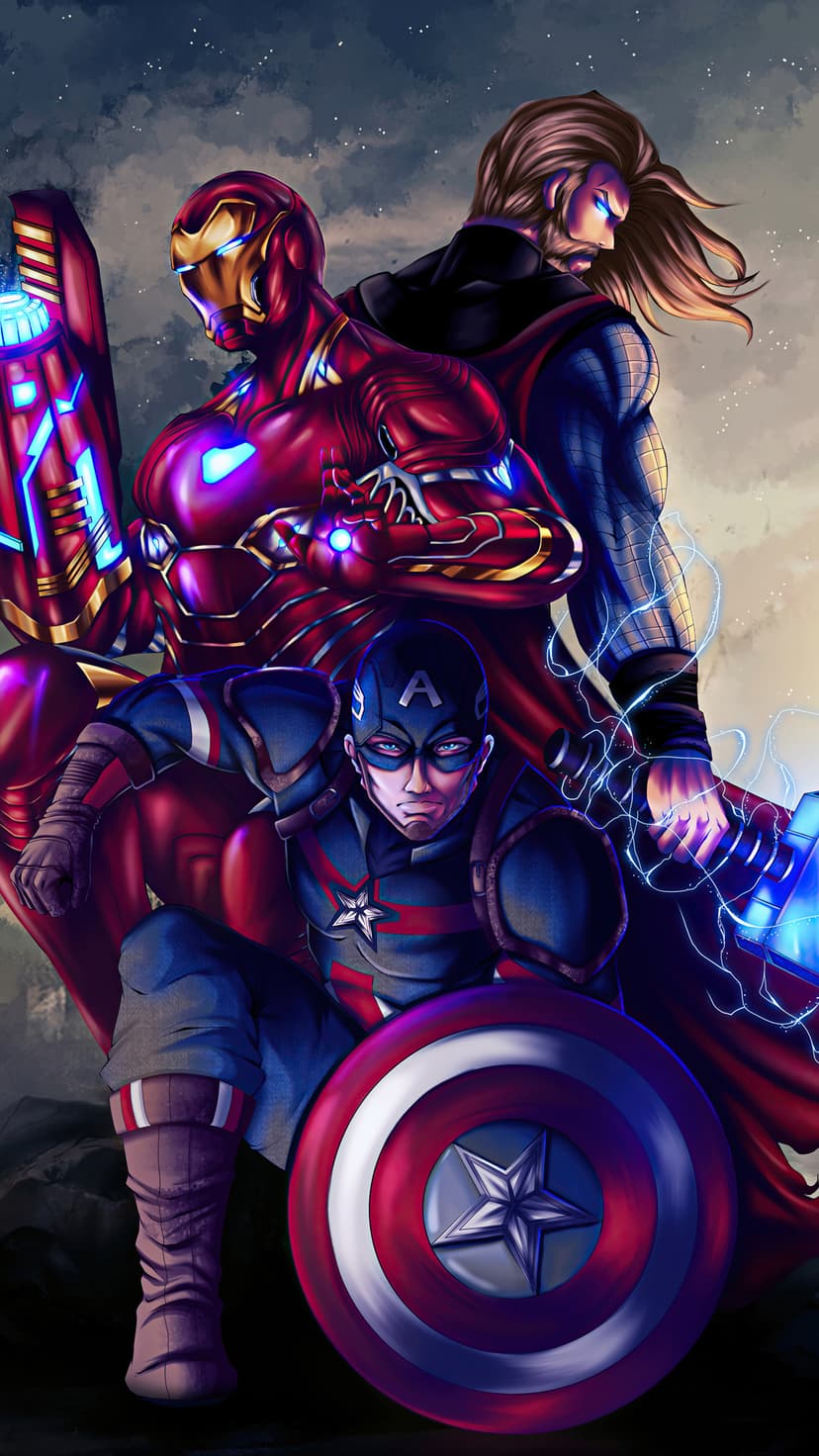 Iron Man, Thor with a lightning-infused hammer, and Captain America holding his shield in a heroic group pose.