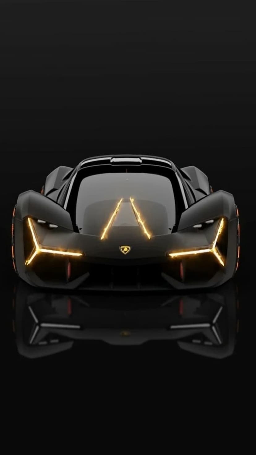 Black futuristic supercar with triangular yellow headlights and a dark reflection on a glossy black surface.
