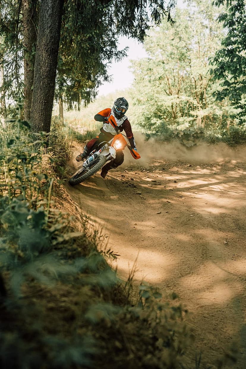 Motocross rider in full gear leans into a turn on a dirt path, trailing a large cloud of dust through a forest.
