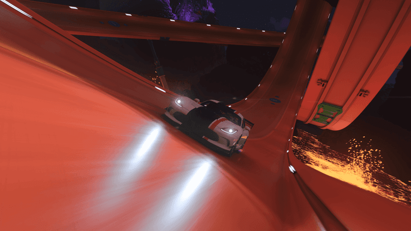 White Hot Wheels race car with orange trim speeding on a neon track, featuring glowing light trails and dark backgrounds.