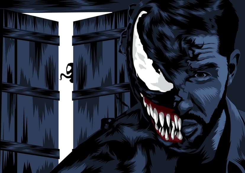 Venom's half-human face snarls with sharp teeth next to a shadowy figure standing in a distant blue doorway.