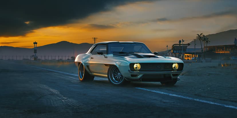 Classic muscle car on a desert road at dusk with glowing headlights and a vintage motel sign in the background.
