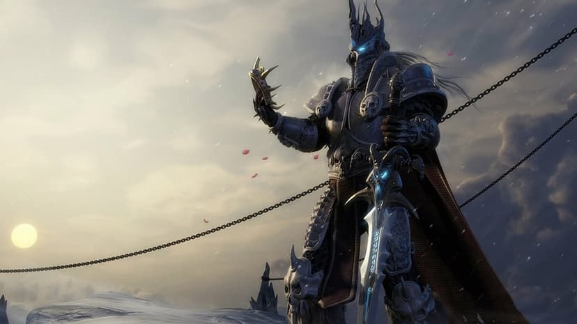 Arthas the Lich King in skull armor holding a crown and glowing sword in a snowy landscape under a pale sun.